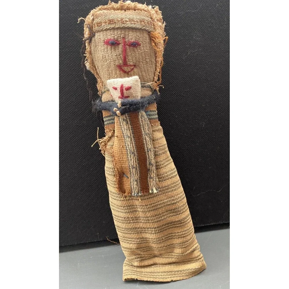 Feed Sack Corn Husk Vintage Folk Art Doll Handmade South America Mother Baby 9in